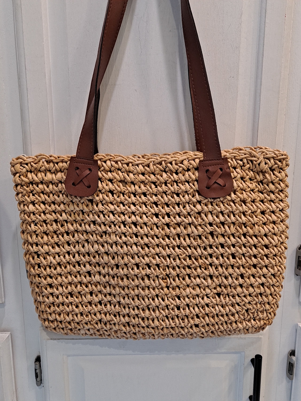 Handwoven Natural Straw Tote with Brown Vegan Handles Beach Summer Resort Bag